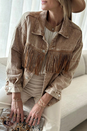 Brown 70%Cotton+30%polyester Brown Rhinestone Fringed Cowgirl Fashion Denim Jacket - women's jacket at TFC&H Co.