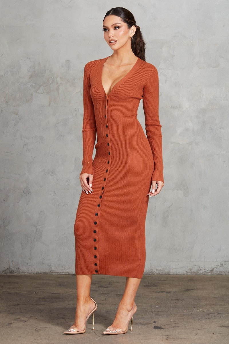 Cognac S - Button Front Ribbed Dress - womens dress at TFC&H Co.