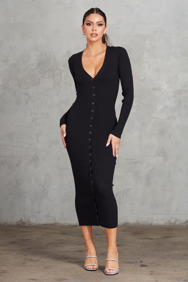 Black M - Button Front Ribbed Dress - womens dress at TFC&H Co.