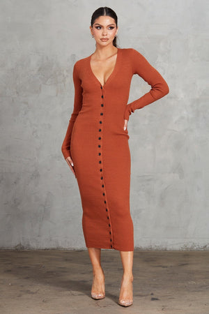 Cognac M - Button Front Ribbed Dress - womens dress at TFC&H Co.