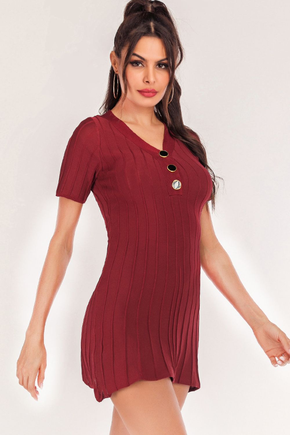 Buttoned Short Sleeve V-Neck Knit Dress - 2 colors - women's dress at TFC&H Co.