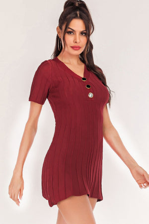 Buttoned Short Sleeve V-Neck Knit Dress - 2 colors - women's dress at TFC&H Co.