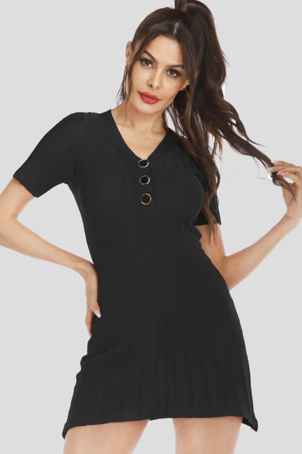BLACK ONE SIZE Buttoned Short Sleeve V-Neck Knit Dress - 2 colors - women's dress at TFC&H Co.