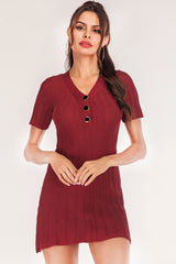 WINE ONE SIZE Buttoned Short Sleeve V-Neck Knit Dress - 2 colors - women's dress at TFC&H Co.