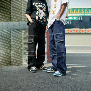 Buxom (Black)Streetwear Unisex Pockets Wide-Legged Straight Cut Denim Jeans - unisex jeans at TFC&H Co.