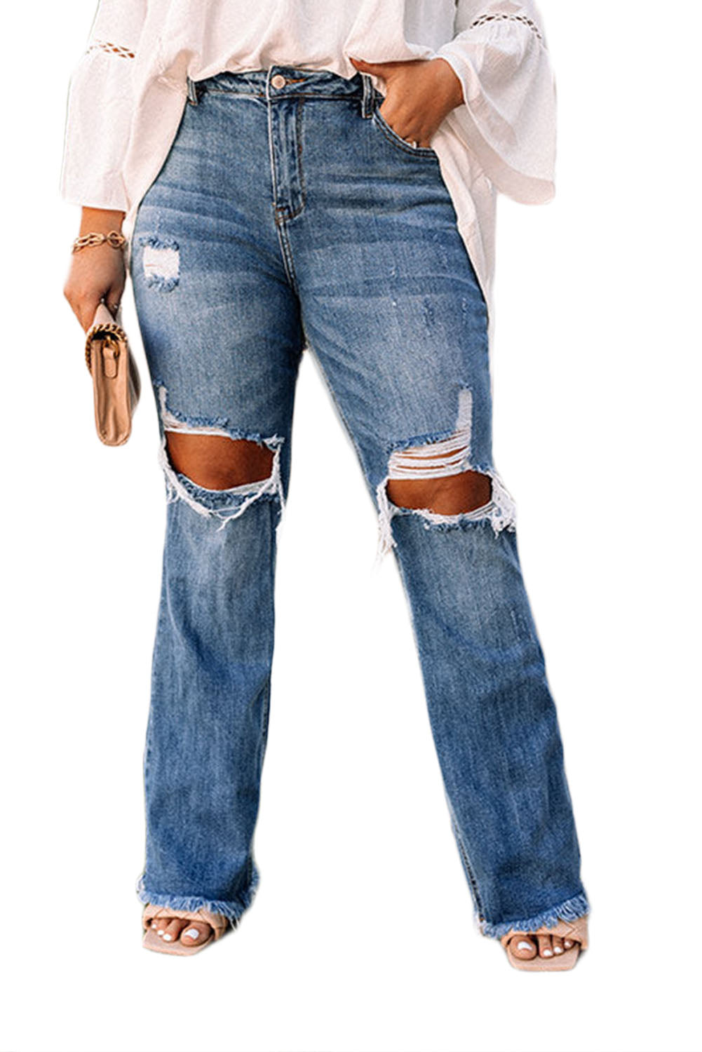 - Blue Dark Wash Raw Hem High Waisted Voluptuous (+) Plus Size Ripped Women's Denim Jeans - Plus Size Jeans at TFC&H Co.