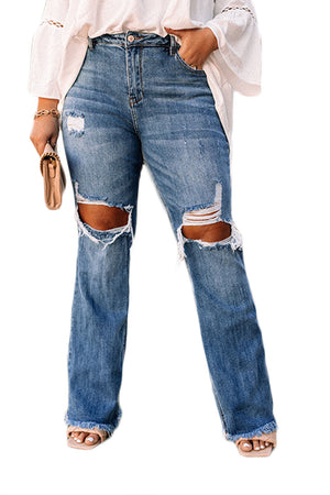 - Blue Dark Wash Raw Hem High Waisted Voluptuous (+) Plus Size Ripped Women's Denim Jeans - Plus Size Jeans at TFC&H Co.