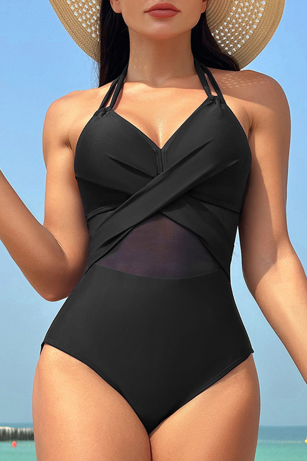 Black 80%nylon+20%spandex - Black Halter Mesh Cross Front One-Piece Swimsuit - womens one piece swimsuit at TFC&H Co.