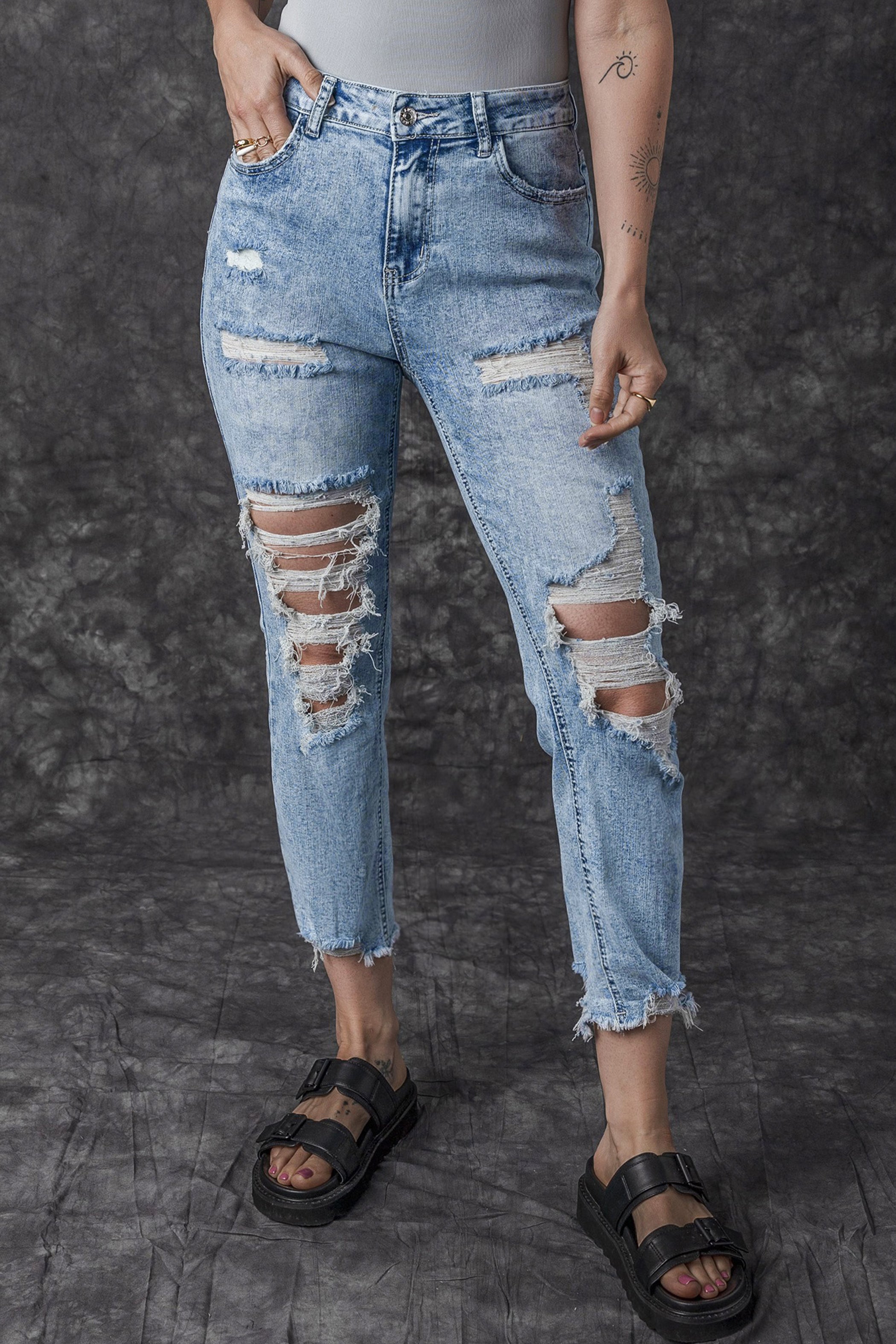 - Sky Blue Acid Wash Distressed Slim Fit Jeans - women's jeans at TFC&H Co.