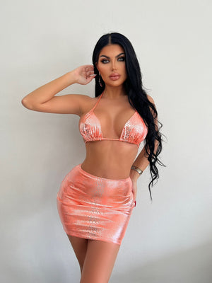 Orange - Women's 3 Piece Halter Snake Pattern Bikini Set With Cover Up Skirt - womens bikini set at TFC&H Co.