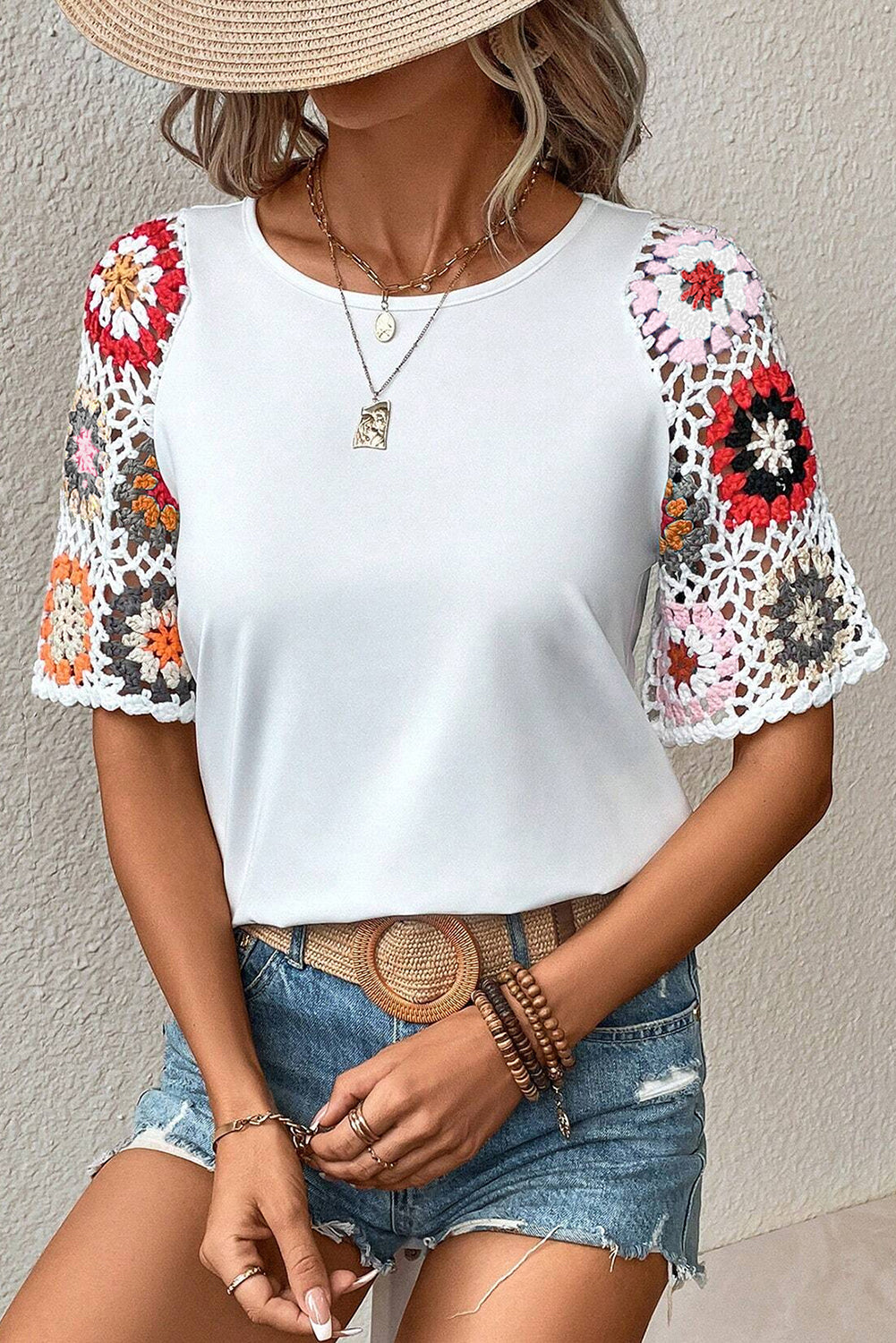 White - Floral Hollowed Crochet Sleeve Boho Blouse - womens blouse at TFC&H Co.