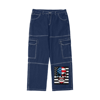 Skull Flag Streetwear Men's Pockets Wide-Legged Straight Cut Denim Jeans (Blue) - men's jeans at TFC&H Co.