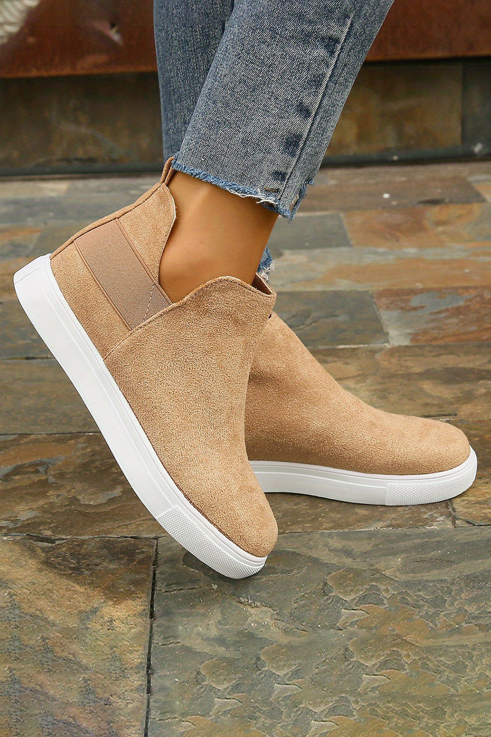 - Camel Suede Slip-on Casual Boots - womens boots at TFC&H Co.