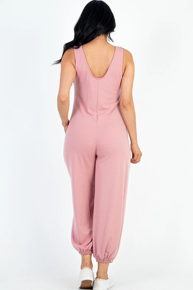 Casual Solid French Terry Sleeveless Scoop Neck Front Pocket Jumpsuit - women's jumpsuit at TFC&H Co.