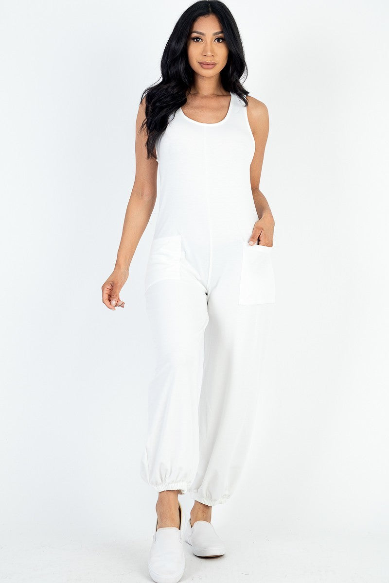 White Casual Solid French Terry Sleeveless Scoop Neck Front Pocket Jumpsuit - women's jumpsuit at TFC&H Co.