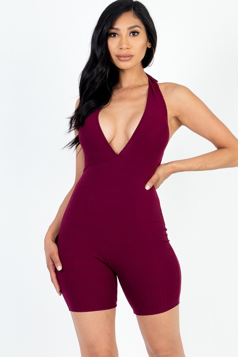 BURGUNDY Casual Solid Halter V Neck Ribbed Bodycon Romper - Ships from The US - women's romper at TFC&H Co.