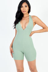 GREEN BAY Casual Solid Halter V Neck Ribbed Bodycon Romper - Ships from The US - women's romper at TFC&H Co.
