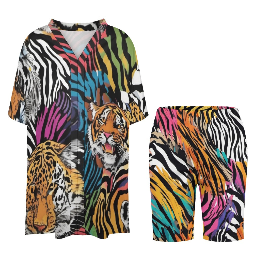 - Animal Wild Face V-neck Bat Sleeve Two Piece Shorts Outfit Set - womens short set at TFC&H Co.
