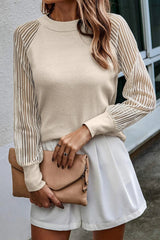 Apricot 93%Viscose+7%Elastane - Mesh Long Sleeve Crewneck Ribbed Top - 3 colors to choose from - womens shirt at TFC&H Co.