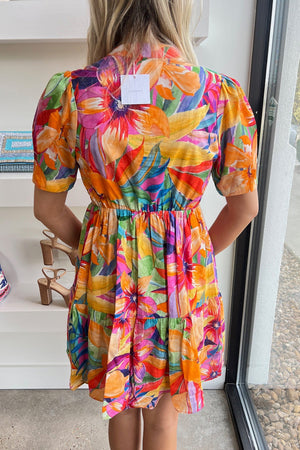 Multicolor Floral Print V Neck Short Sleeve Flared Dress - women's dress at TFC&H Co.