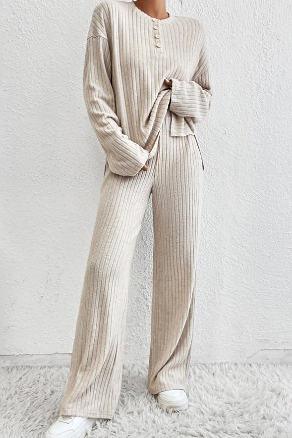 Beige pants set 85%Polyester+10%Viscose+5%Elastane - Ribbed Knit V Neck Slouchy Two-piece Outfit - pants or short set various colors - women's pants set at TFC&H Co.
