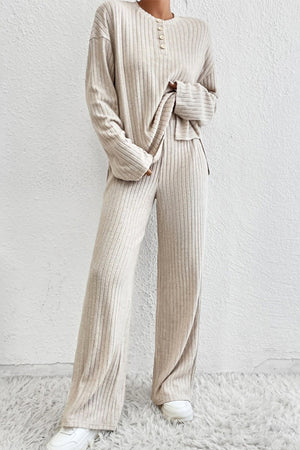 Beige pants set 85%Polyester+10%Viscose+5%Elastane Ribbed Knit V Neck Slouchy Two-piece Outfit - pants or short set various colors - women's pants set at TFC&H Co.