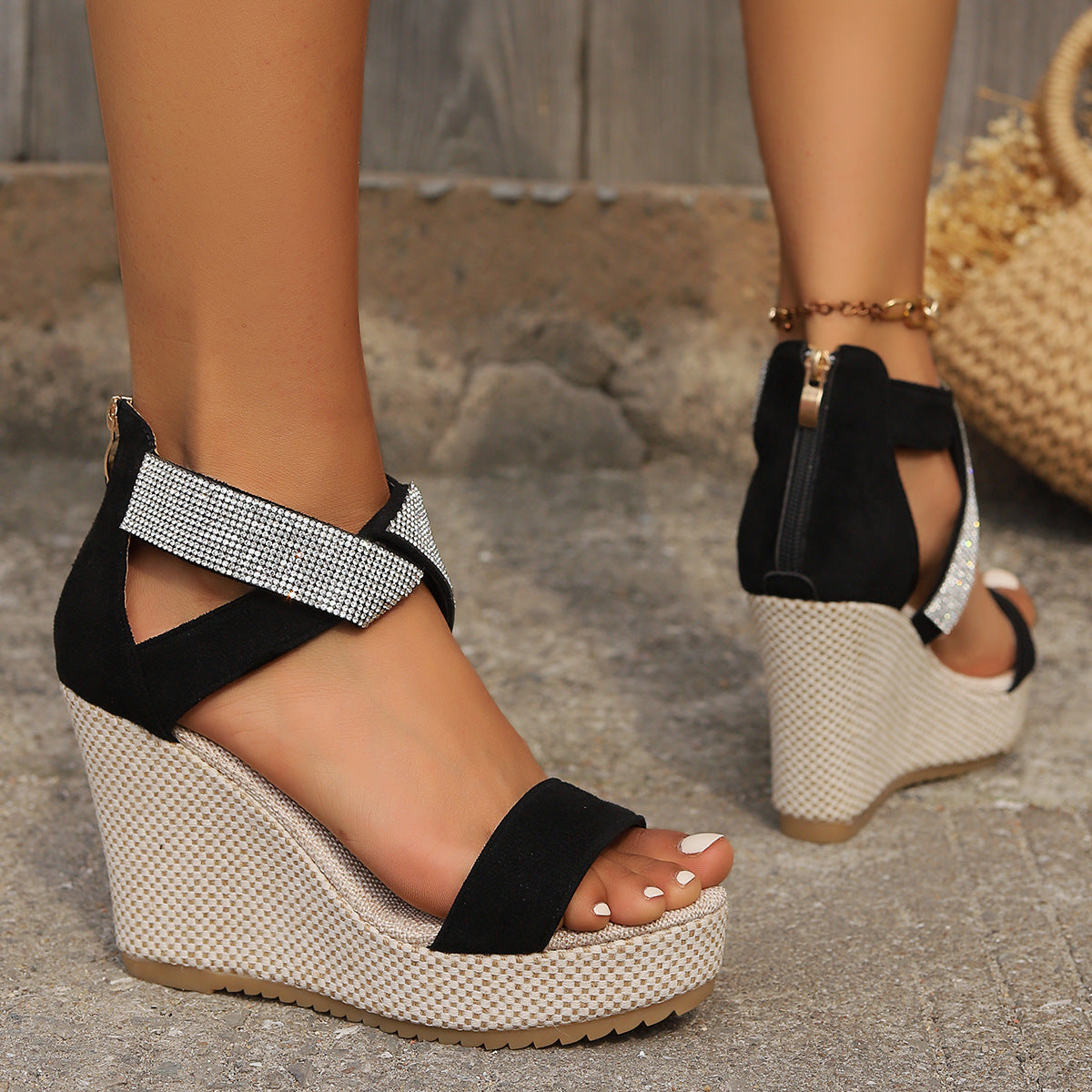 - Fish Mouth High Wedge Sandals With Rhinestone - womens sandals at TFC&H Co.