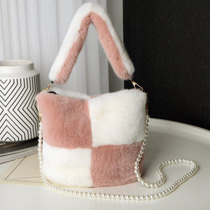 Pink White Checkerboard Plush Bucket Bag With Pearl Chain - handbags at TFC&H Co.
