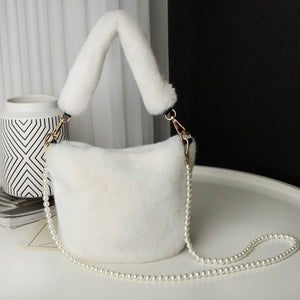 White Checkerboard Plush Bucket Bag With Pearl Chain - handbags at TFC&H Co.