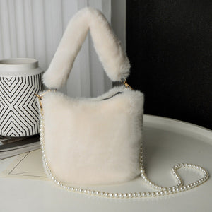 Beige Checkerboard Plush Bucket Bag With Pearl Chain - handbags at TFC&H Co.