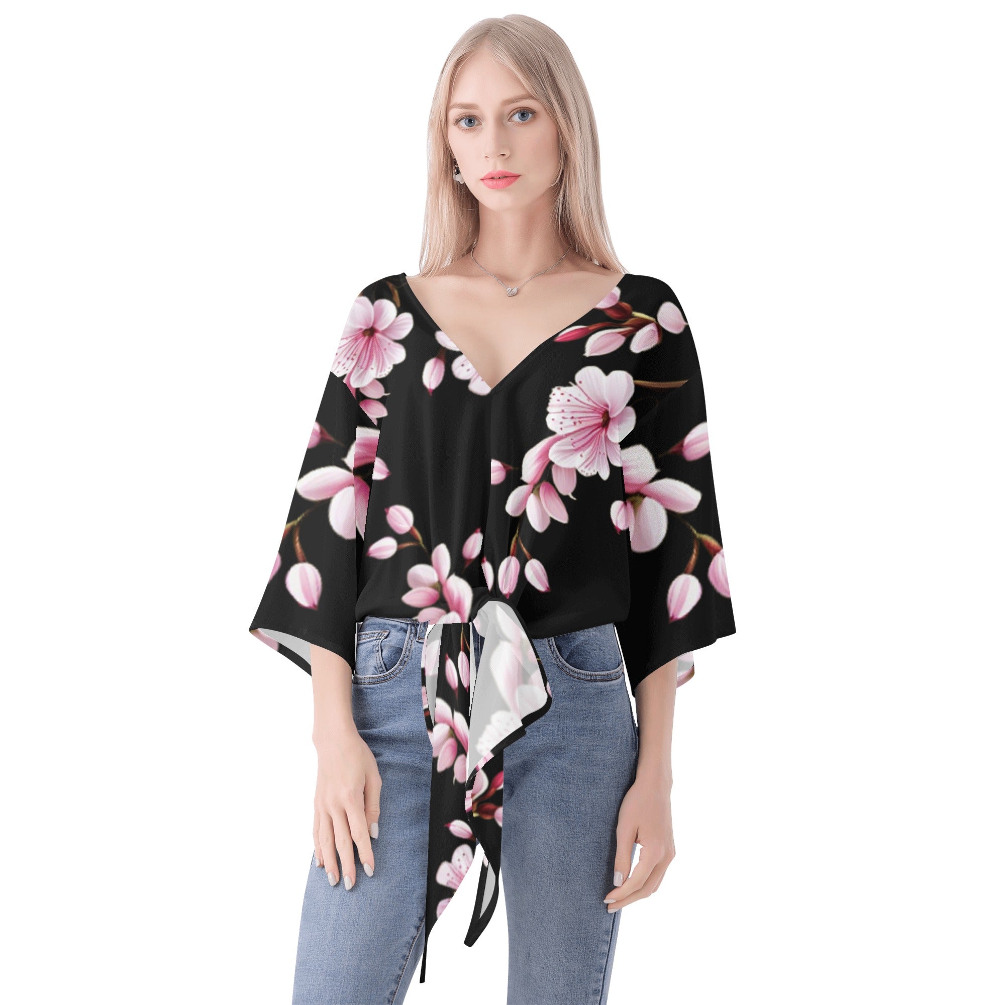 2 - Black Cherry Blossom Women‘s’ V-neck Streamers Blouse - 4 colors - women's blouse at TFC&H Co.
