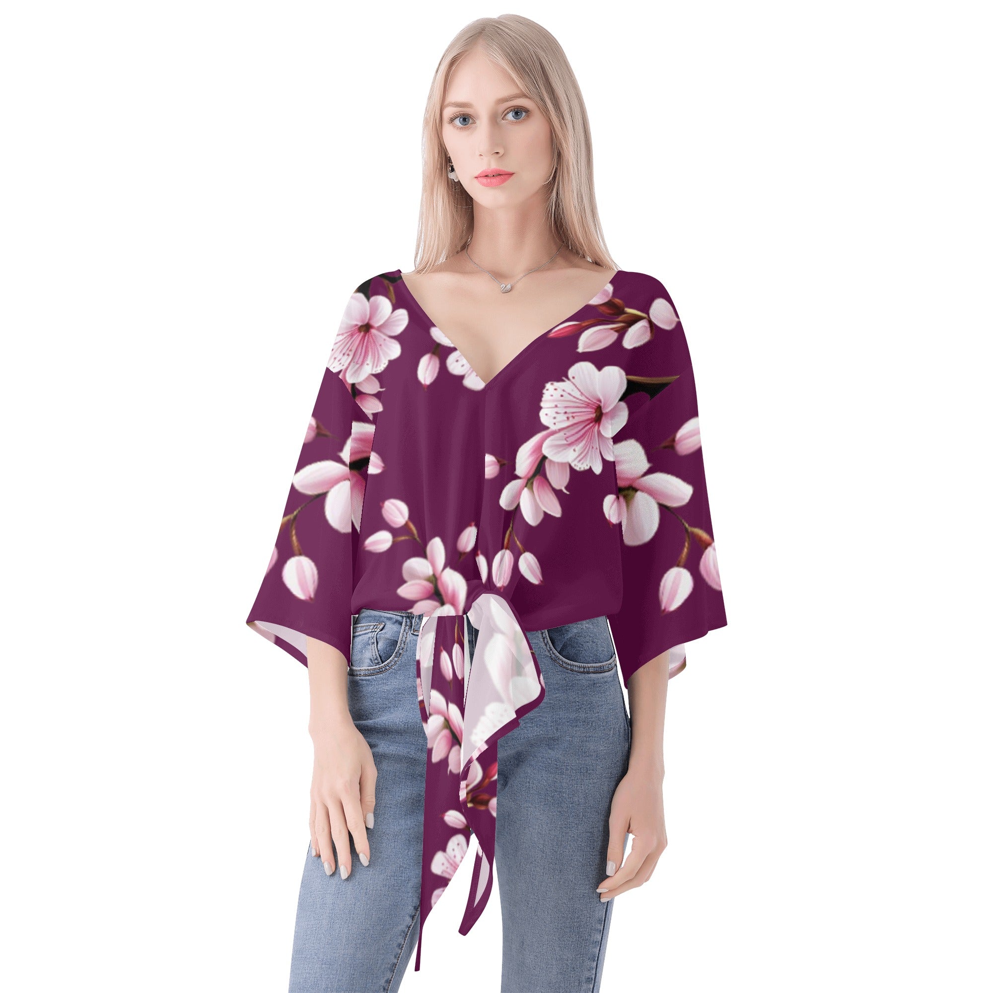 3 - Plum Cherry Blossom Women‘s’ V-neck Streamers Blouse - 4 colors - women's blouse at TFC&H Co.