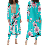 3 - Aqua - Cherry Blossom Womens Long Sleeve Cardigan and Leggings 2pcs - 4 colors - womens pants set at TFC&H Co.