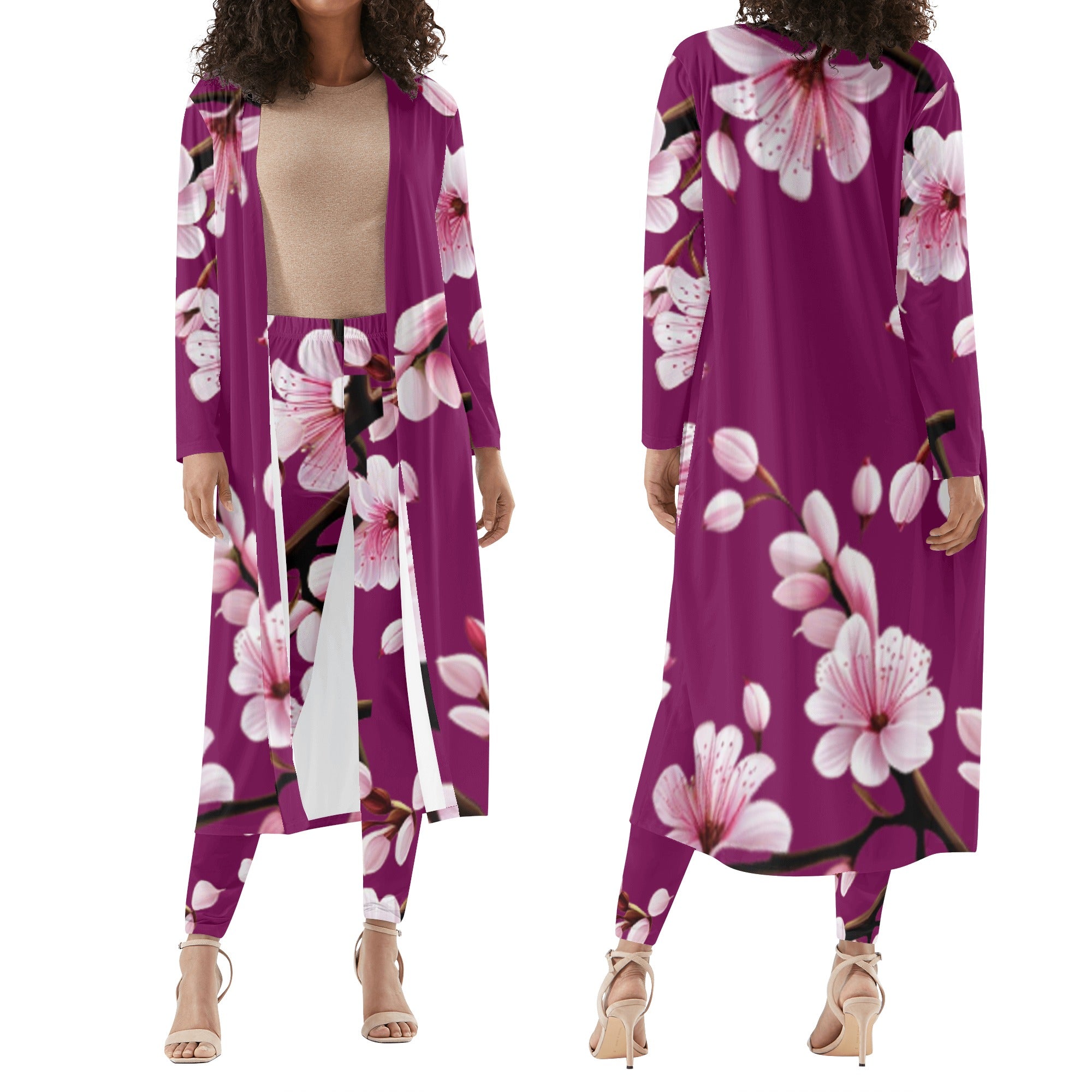 2 - Plum - Cherry Blossom Womens Long Sleeve Cardigan and Leggings 2pcs - 4 colors - womens pants set at TFC&H Co.