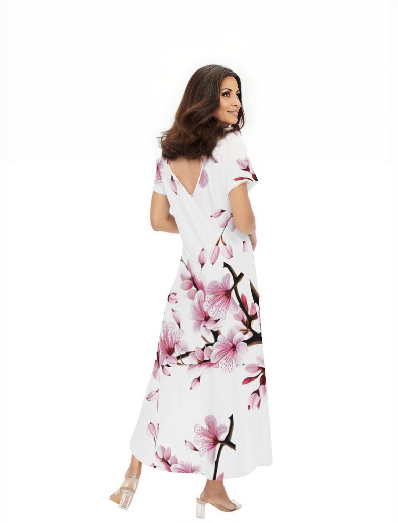 - Cherry Blossom Womens Short Sleeve Long Draped Dress - womens dress at TFC&H Co.