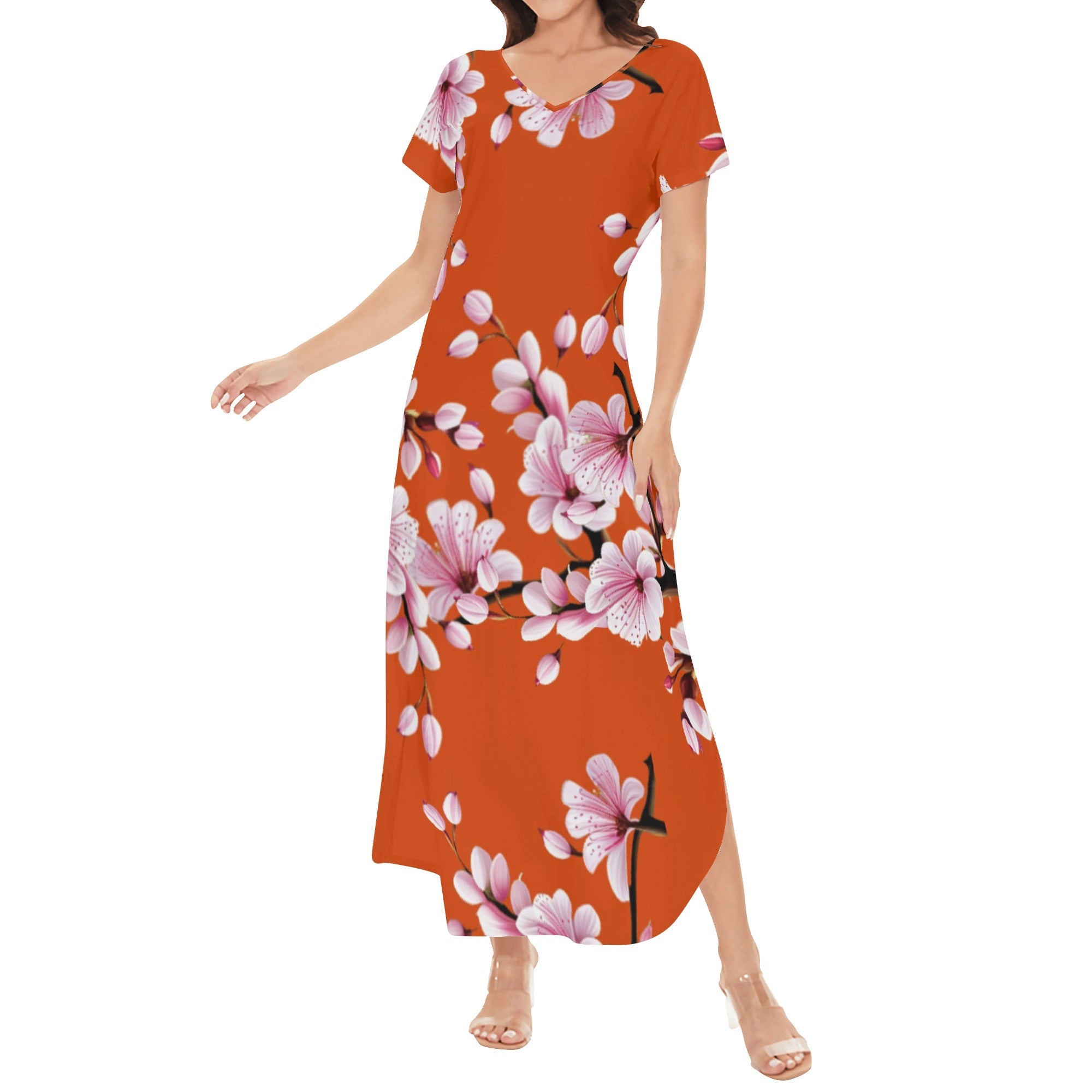 3 - Cherry Blossom - Orange - Cherry Bossom Womens Short Sleeve Long Draped Dress - 5 colors - womens dress at TFC&H Co.