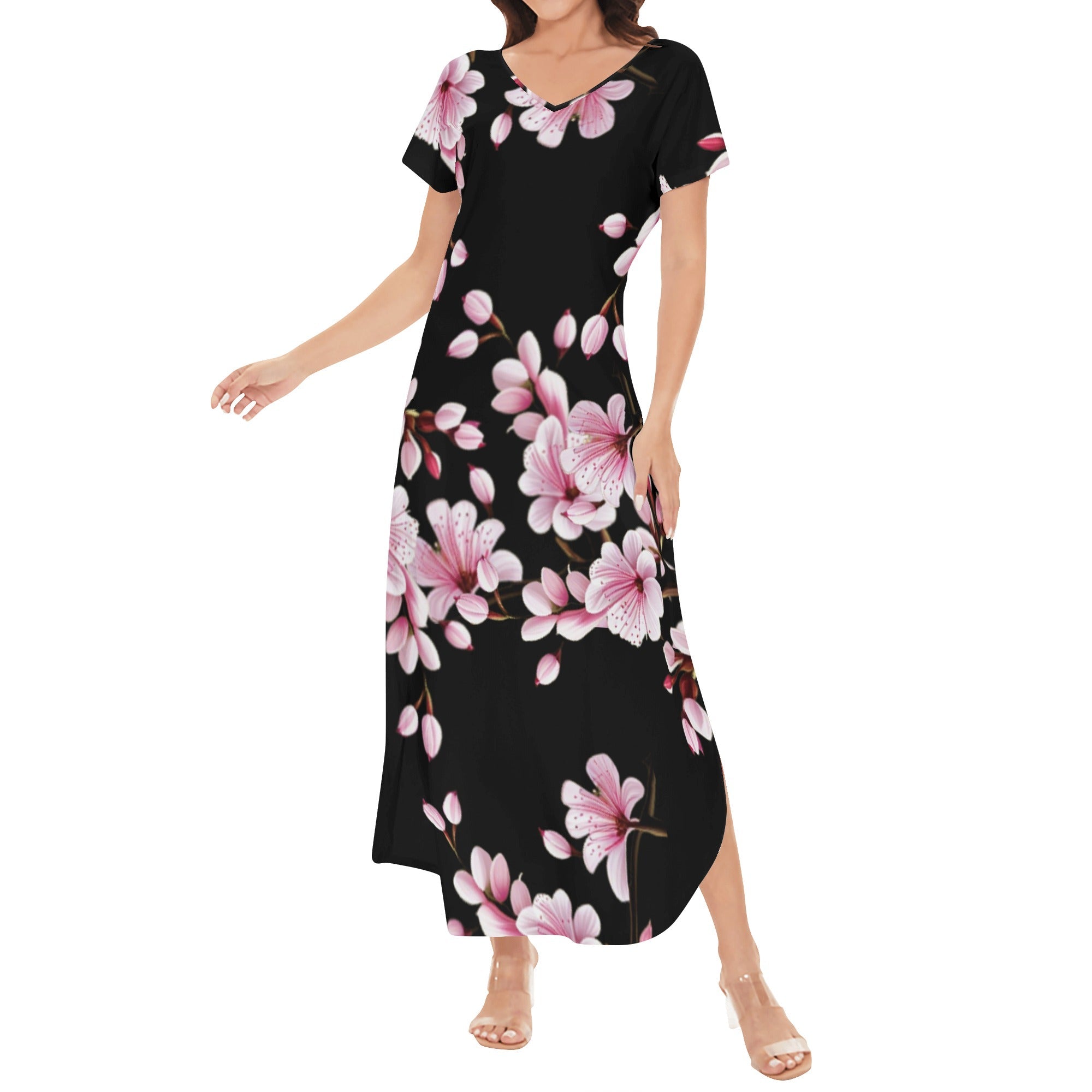 1 - Cherry Blossom - Black - Cherry Bossom Womens Short Sleeve Long Draped Dress - 5 colors - womens dress at TFC&H Co.