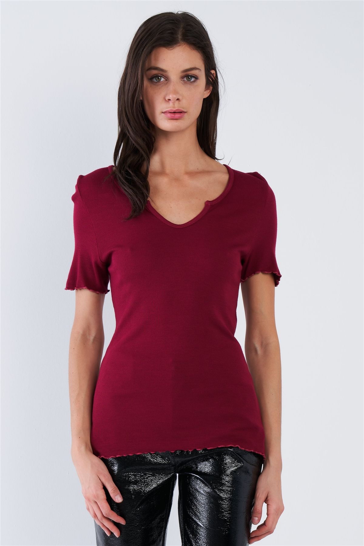 - Cherry Red Ribbed V-neck Top - womens shirt at TFC&H Co.