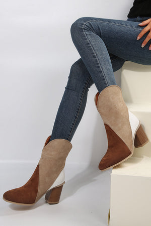 Chestnut 40 (8.5) 100%Polyester+100%TPR Colorblock Suede Heeled Ankle Booties - women's boots at TFC&H Co.