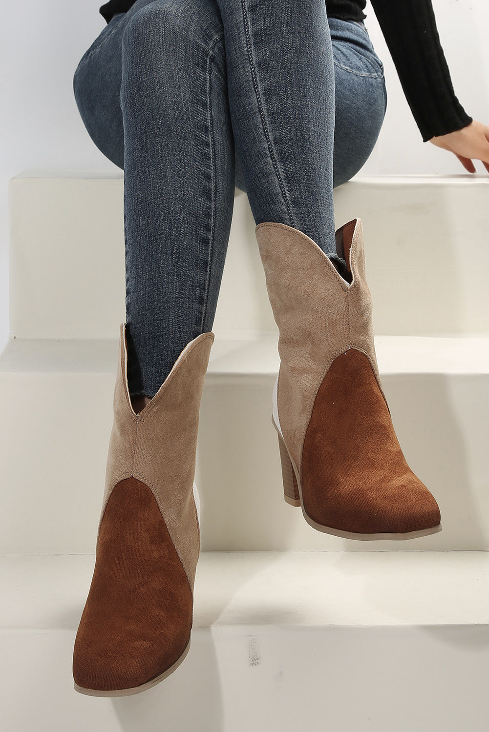 Chestnut 38 (7) 100%Polyester+100%TPR Colorblock Suede Heeled Ankle Booties - women's boots at TFC&H Co.
