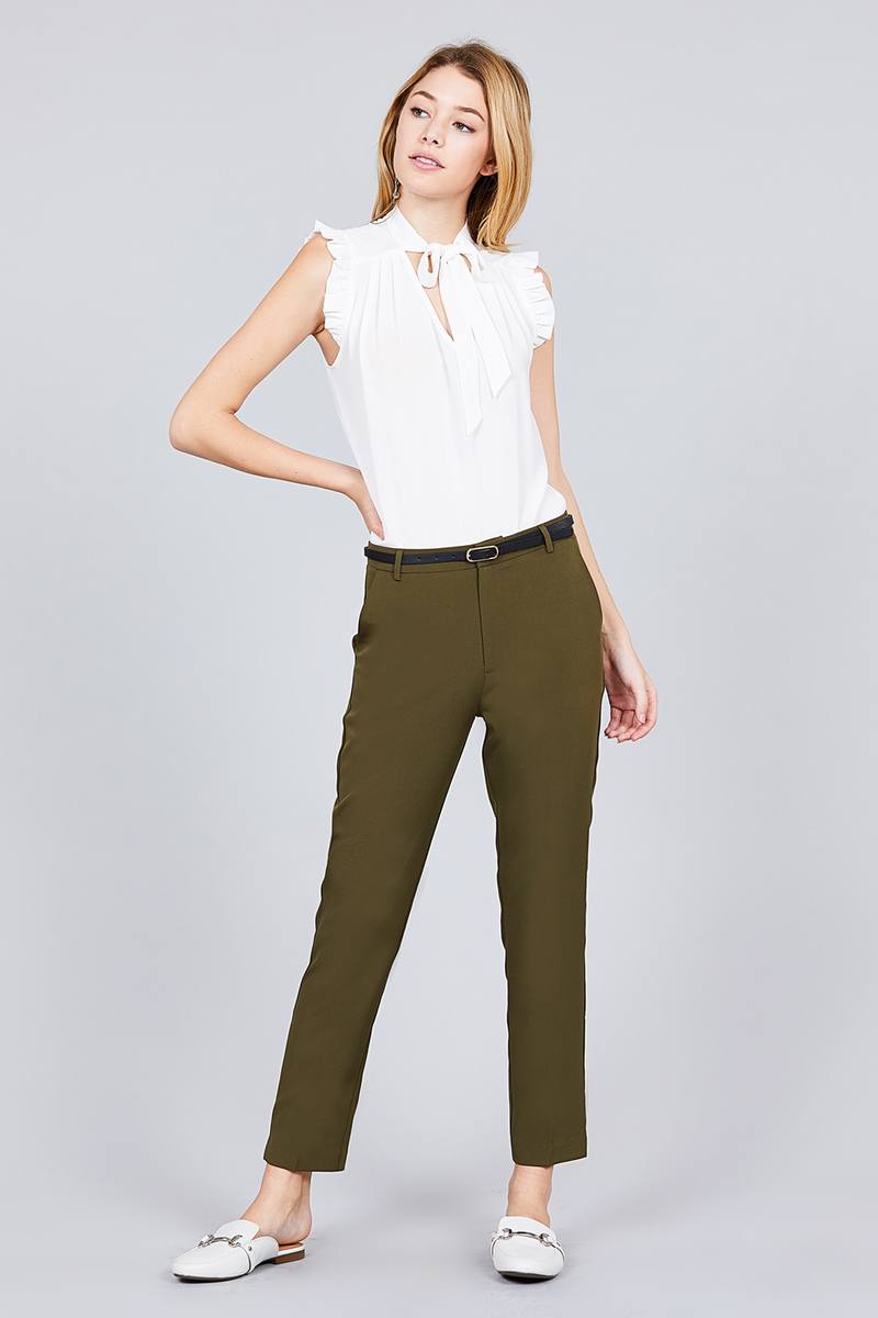 Olive - Classic Woven Pants W/belt - 2 colors - womens pants at TFC&H Co.