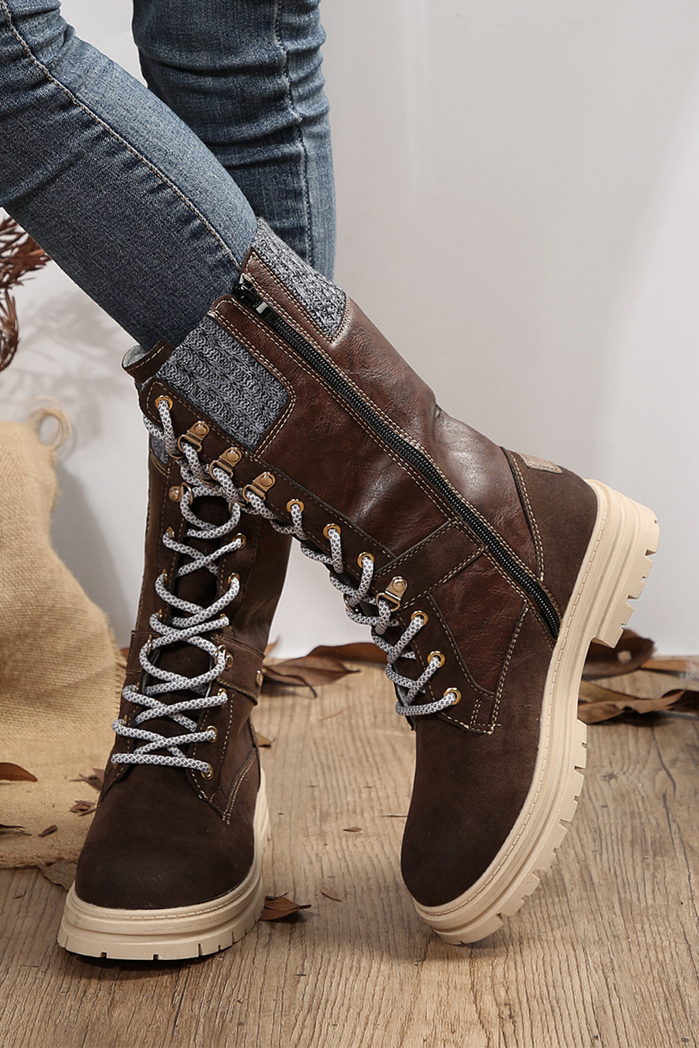 - Coffee Wool Knit Patchwork Lace Up Leather Boots - womens boots at TFC&H Co.