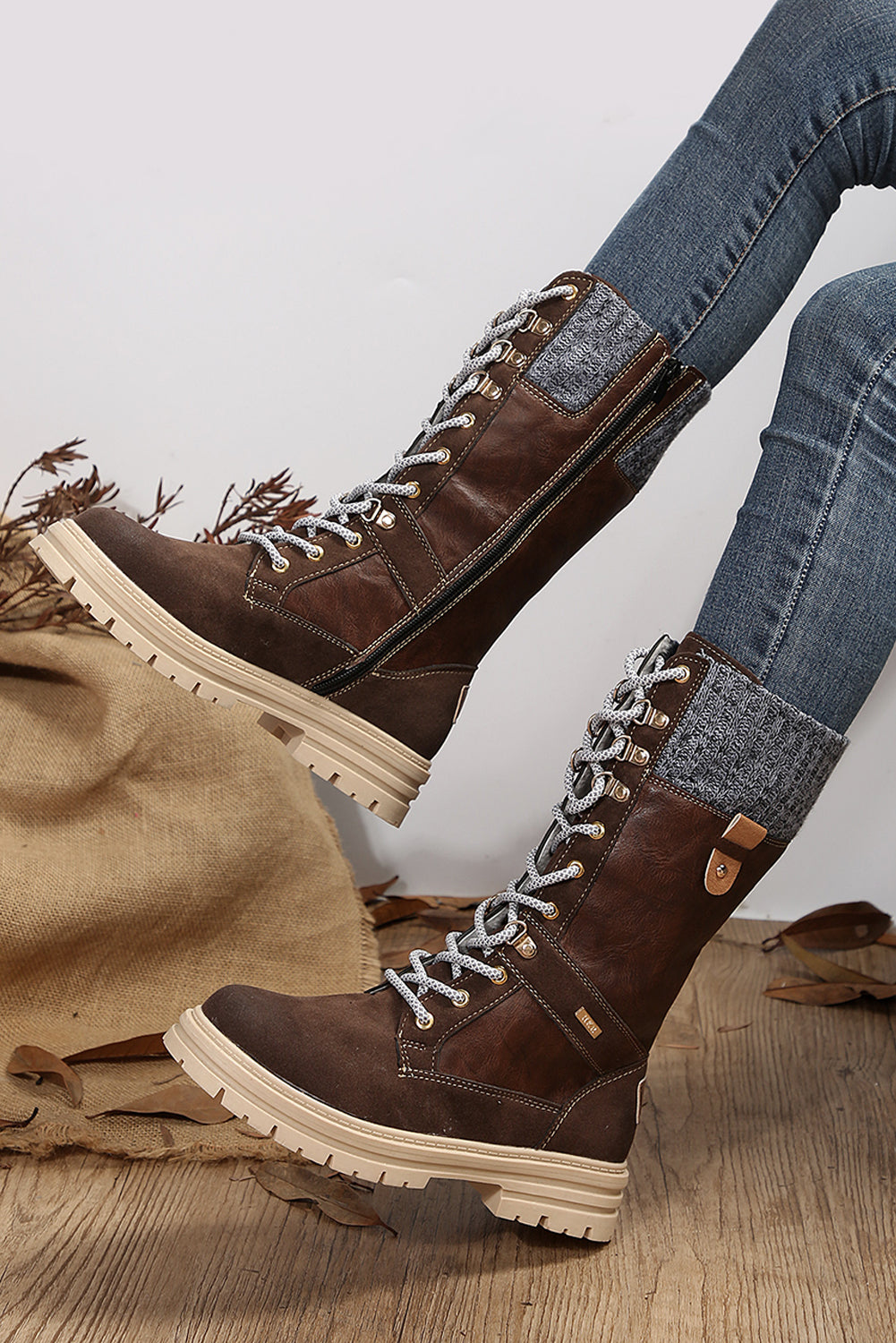 - Coffee Wool Knit Patchwork Lace Up Leather Boots - womens boots at TFC&H Co.