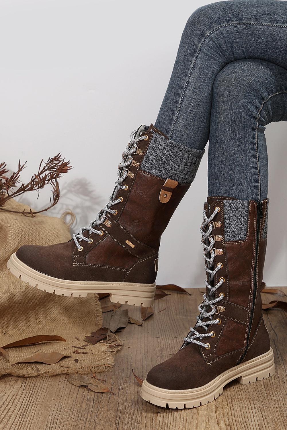 Coffee 100%Polyester+100%TPR - Coffee Wool Knit Patchwork Lace Up Leather Boots - womens boots at TFC&H Co.