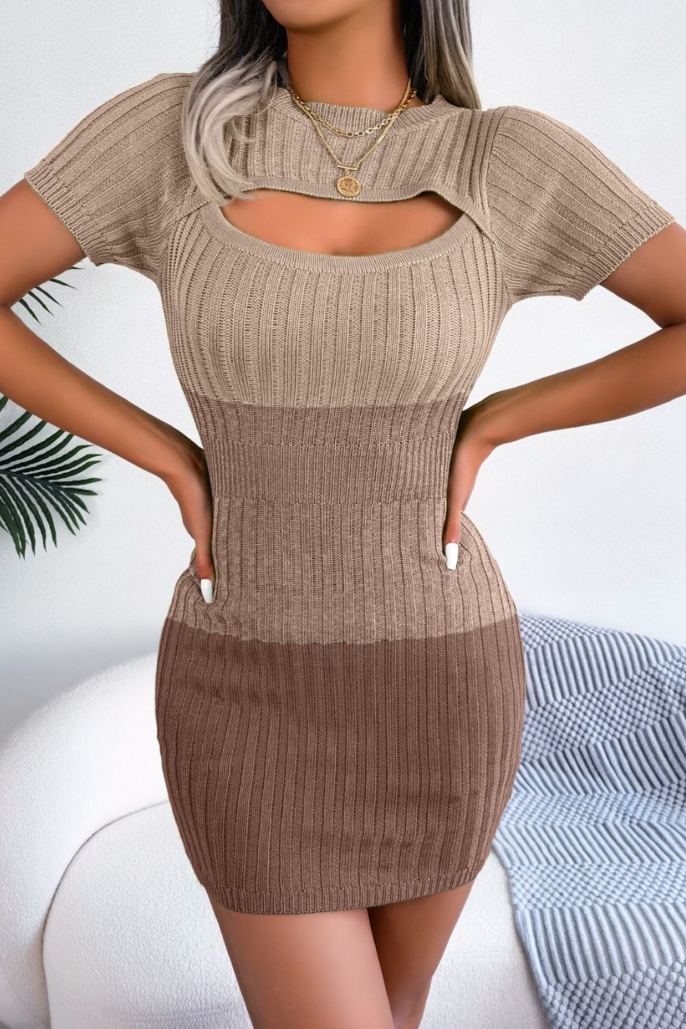 TAN Color Block Cutout Short Sleeve Sweater Dress - 3 colors - women's dress at TFC&H Co.
