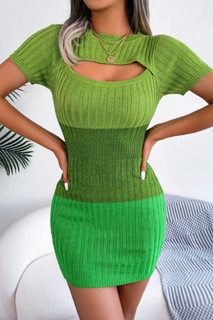 MID GREEN Color Block Cutout Short Sleeve Sweater Dress - 3 colors - women's dress at TFC&H Co.