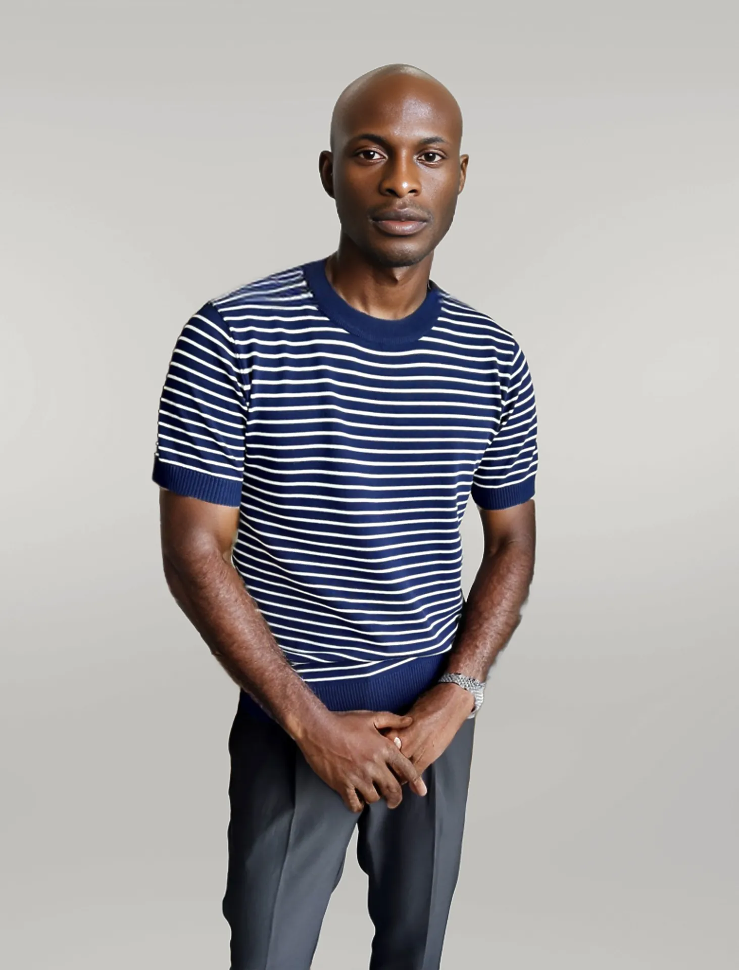 Men Fashion Casual Retro Stripe Short Sleeve Round Neck Knitted T-Shirt