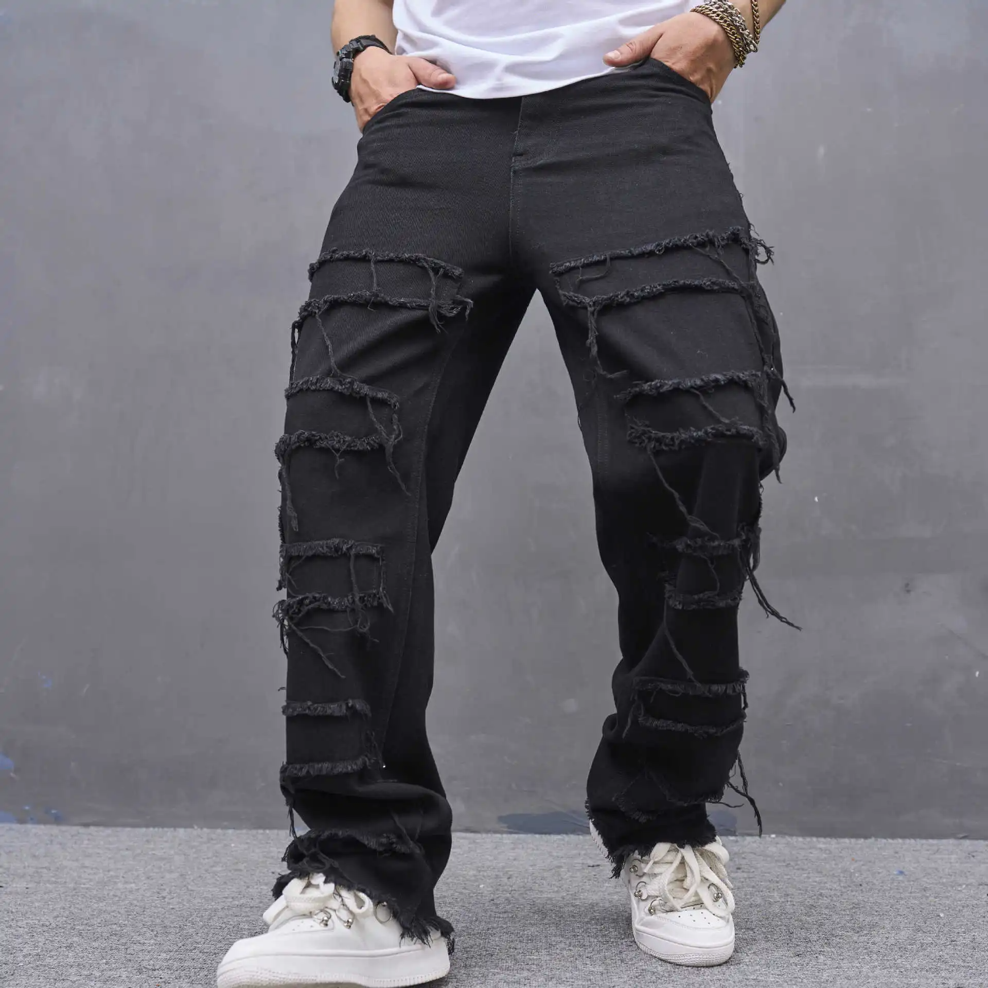 Punk Elastic Wide Leg Ripped Men's Jeans