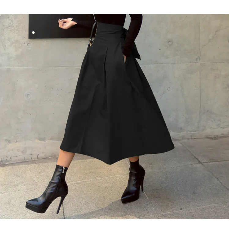 Black - Fashion Solid Color High Waist Bow Women's Swing Skirt - womens skirt at TFC&H Co.
