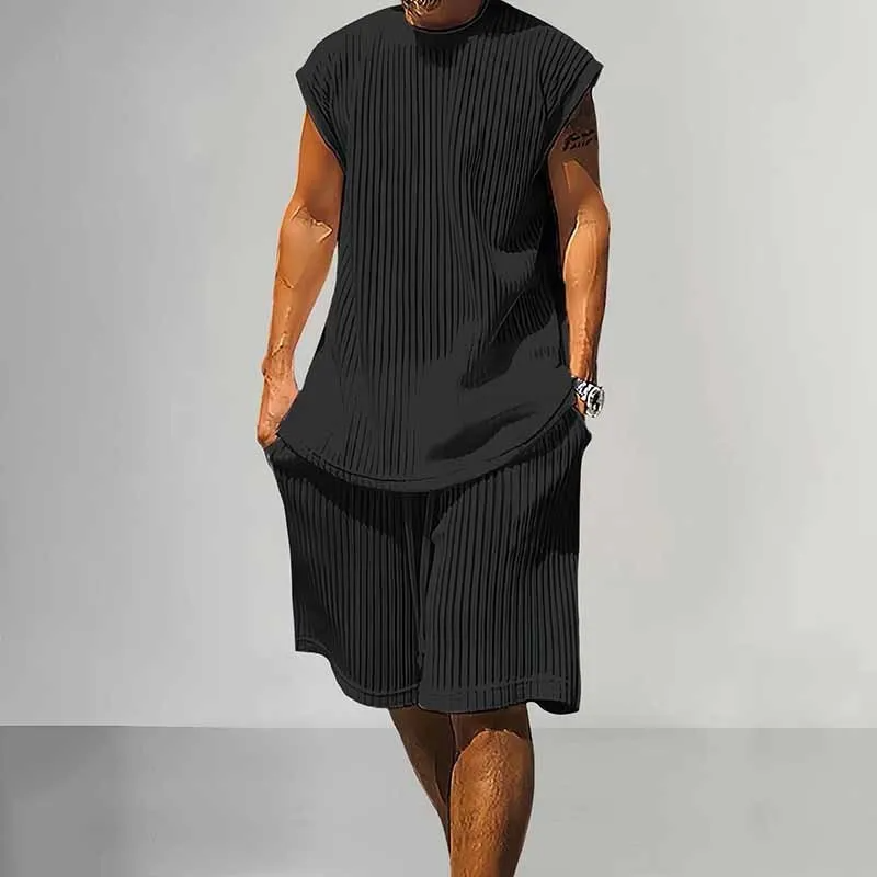 Black - Casual Solid Color Stripe Sleeveless Round Neck Top and Shorts Men's Outfit Set - mens short set at TFC&H Co.